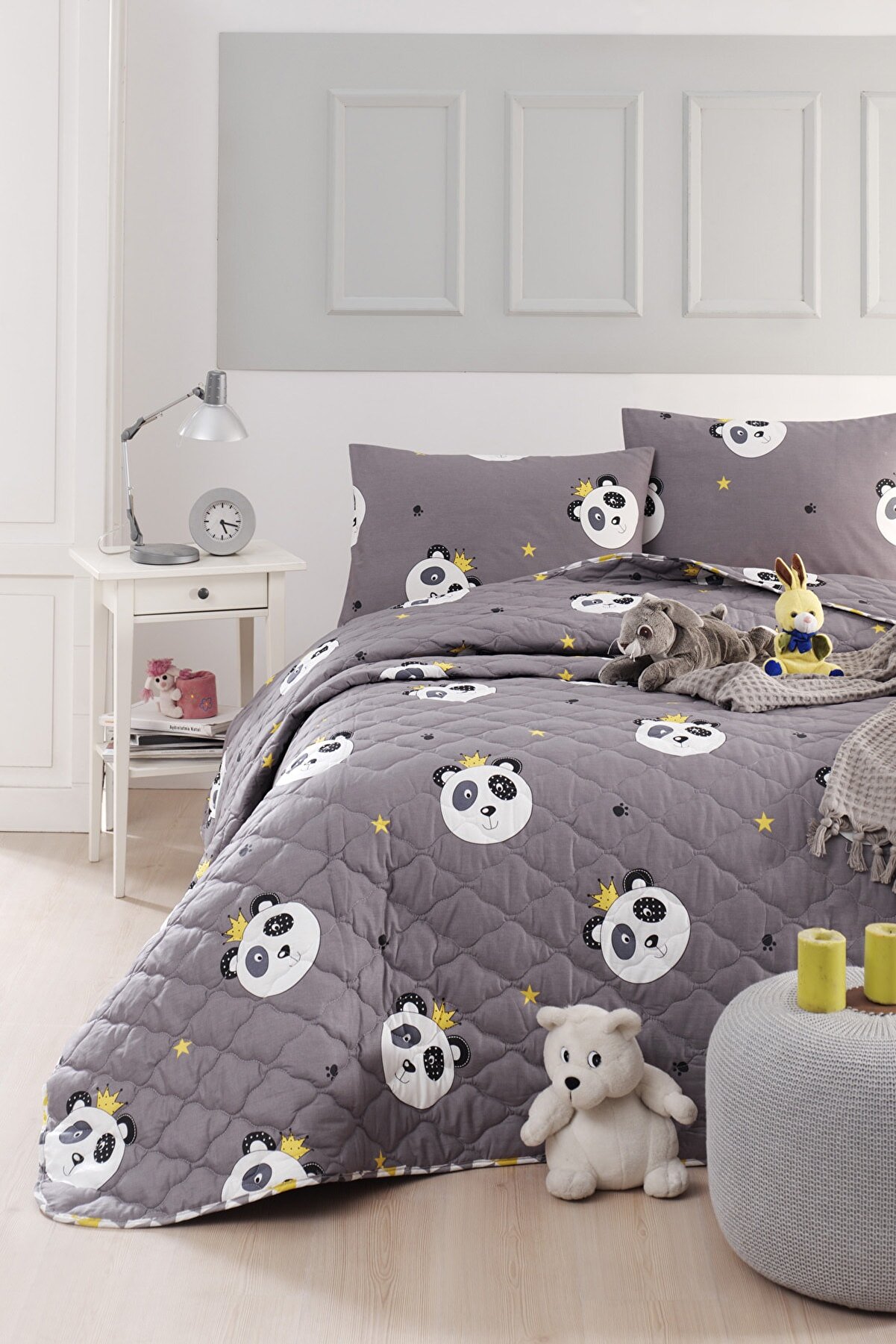 Покривало стьобане з наволочками Enlora Home - Kral Panda Gri сірий 240*225
