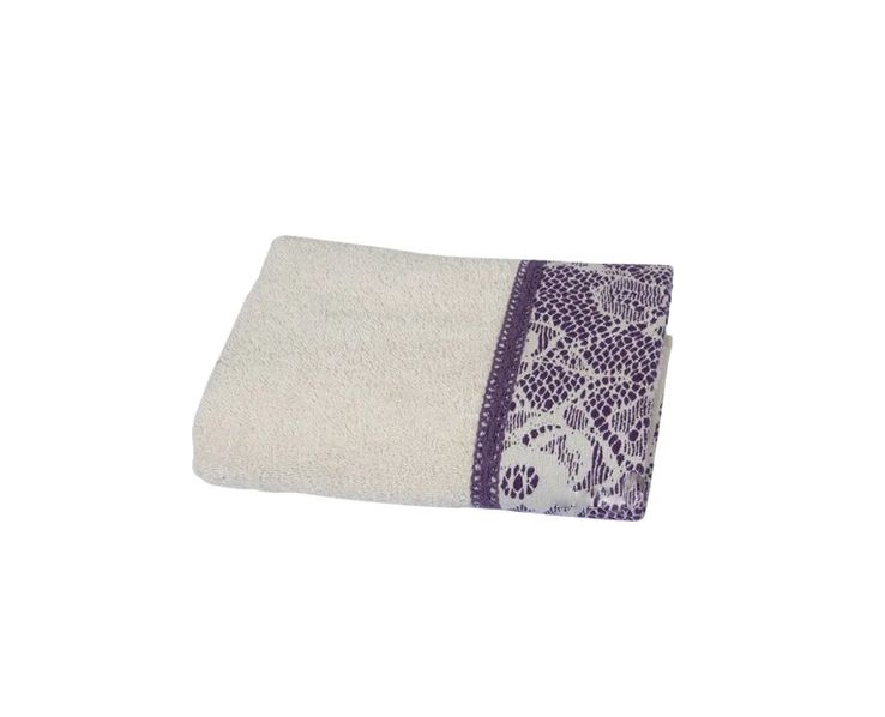Рушник Romeo Soft - Croсhet молочний з фіолетовим мереживом 50*90